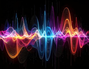 Vivid, layered wave patterns with vibrant colors on a dark backdrop