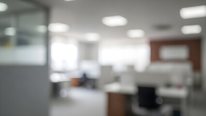 Bright and airy modern office space with blurred figures suggesting collaborative work and a productive atmosphere.