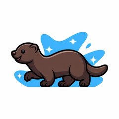 Obraz premium Cute brown ferret cartoon illustration with blue abstract shapes and sparkles, perfect for playful backgrounds and whimsical designs, offering ample copy space.