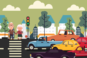 Obraz premium Colorful Cartoon Illustration of an Elderly Couple Crossing a Busy City Street with Traffic, image highlights urban life, road safety, and companionship in a friendly, approachable style.