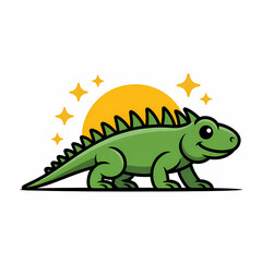 Fototapeta premium Cute Green Dinosaur Cartoon Illustration with Sun and Stars, Perfect for Children's Designs and Backgrounds, Copy Space Available