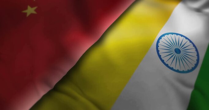 China and India waving flags looping. Chinese and Indian symbols banner blowing in the wind seamless and looped concept animation.