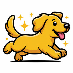 Fototapeta premium Cute Golden Retriever Dog Running Joyfully with Sparkles, Adorable Cartoon Illustration Wallpaper with Copy Space for Your Text