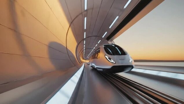 High-Speed Hyperloop Train Gliding Through Futuristic Sunset Tunnel