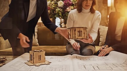 Architectural project team collaborating on wooden model and blueprints, discussing design details and future plans in a professional setting