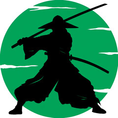 Bold samurai silhouette wielding katanas against a stylized full moon backdrop.