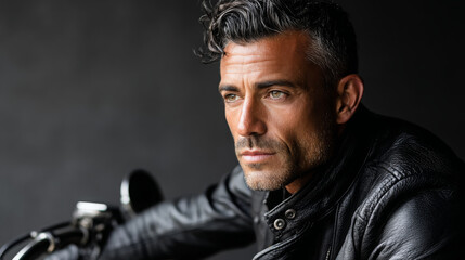 Obraz premium Stylish man posing on motorcycle with serious expression indoors 