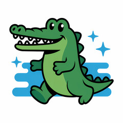 Fototapeta premium Cute green cartoon alligator running happily with blue water splashes and sparkling stars, perfect for a fun and energetic background or wallpaper illustration.