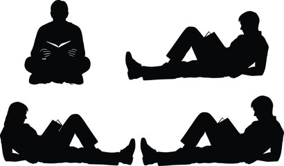 Black silhouettes of people in various relaxed positions reading books including sitting cross legged and lying down on their backs © Hey There