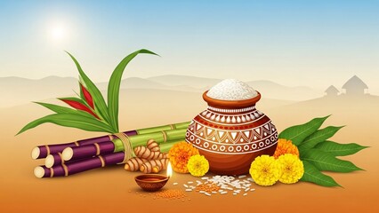 A vibrant illustration of traditional Indian festival items on a desert landscape