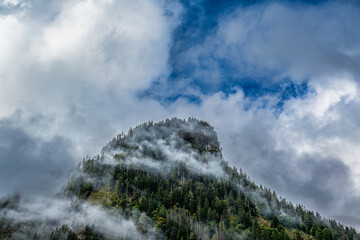 Misty mountain peak covered in forest near Hallein, Austria

