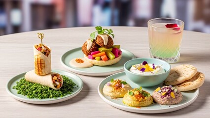 A beautifully arranged table with various plates of food and a refreshing drink