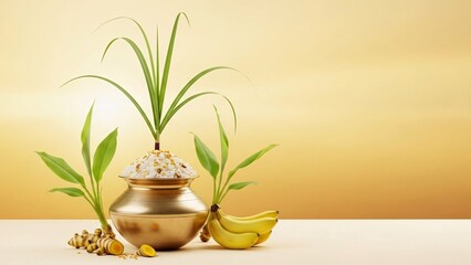 A serene arrangement of plants and fruits in a golden pot