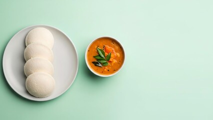 A plate of idlis and a bowl of sambar on a green table