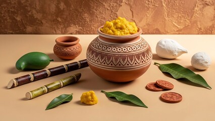 A traditional Indian clay pot filled with yellow turmeric surrounded by various natural ingredients and decorative items on a beige surface