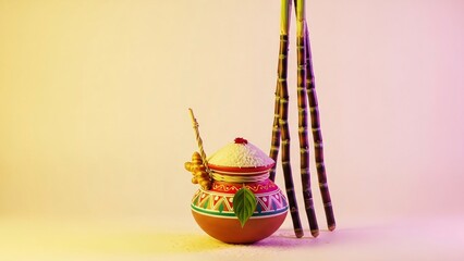 A colorful clay pot with a lid and decorative bamboo sticks on a plain background