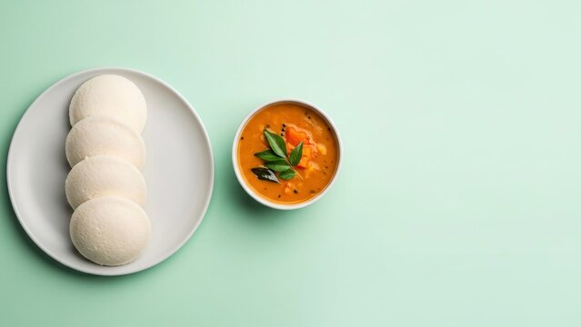 A plate of idlis and a bowl of sambar on a green table