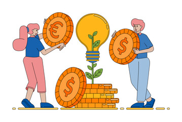 growth brainstorming with coins and growing plants showing creative financial ideas and rising investment potential vector cartoon. Can be used for cartoon, website, banner, brosur, flayer