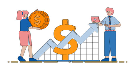 dollar chart rising upward showing strong growth in banking and finance with simple and clear economic visuals vector cartoon. Can be used for cartoon, website, banner, brosur, flayer