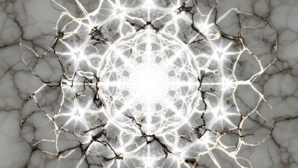 Abstract geometric luminous fractal pattern on a cracked marble background