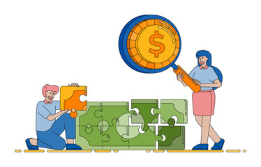 brainstorming scene with puzzle pieces representing the search for financial opportunities and profitable business ideas vector cartoon. Can be used for cartoon, website, banner, brosur, flayer