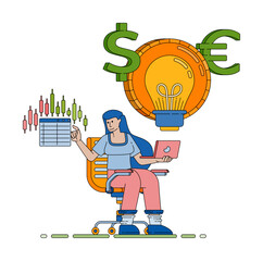 woman brainstorming financial ideas and reading spreadsheet charts for investment planning and business accounting tasks vector cartoon. Can be used for cartoon, website, banner, brosur, flayer