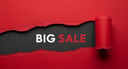 Tattered Red Paper Reveals a Big Sale Announcement over a Dark Background