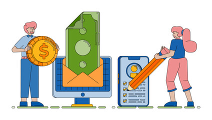 checklist and survey tools for analyzing revenue and income performance with simple review and financial tracking visuals vector cartoon. Can be used for cartoon, website, banner, brosur, flayer