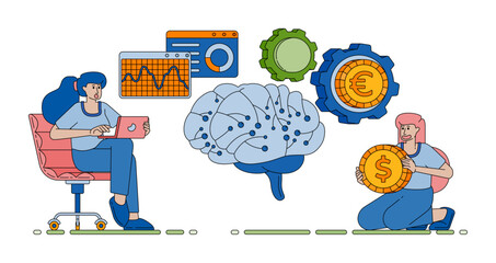 brain connected to machine learning and artificial intelligence systems analyzing company profits and financial charts vector cartoon. Can be used for cartoon, website, banner, brosur, flayer
