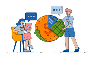 organizing and dividing income and expenses for households and businesses with simple budget planning visuals vector cartoon. Can be used for cartoon, website, banner, brosur, flayer