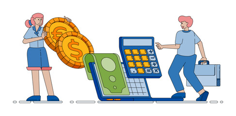 company accounting scene with coins and calculators representing financial management and business bookkeeping tasks vector cartoon. Can be used for cartoon, website, banner, brosur, flayer