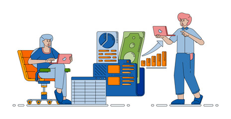 accounting and spreadsheet management scene organizing bookkeeping tasks, financial folders, reports, and business records Vector Cartoon