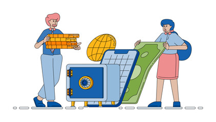 digital safe connected to online apps showing secure internet storage and modern money protection technology vector cartoon. Can be used for cartoon, website, banner, brosur, flayer