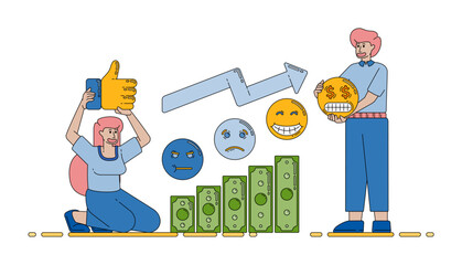 feedback reactions and colorful emoji elements showing financial chart growth and rising investment performance trends vector cartoon. Can be used for cartoon, website, banner, brosur, flayer