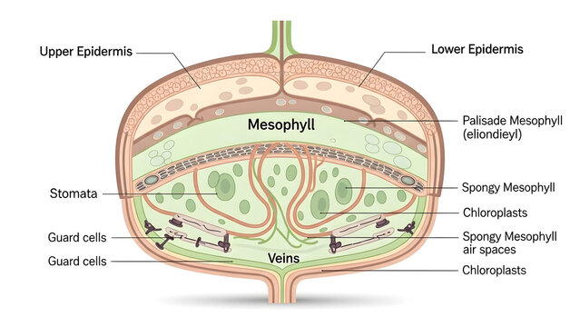 Detailed diagram of leaf cross section showing epidermis mesophyll stomata guard cells veins and chloroplasts