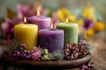 Elegant spa illustration with golden frame, purple candles, and outlined elements symbolizing calm and mindfulness.