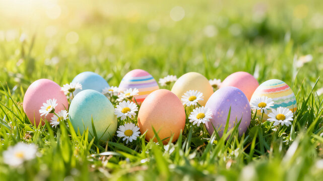 Festive Easter panorama with colorful hand painted eggs in lush grass and small white daisies, natural outdoor meadow scene with shallow depth of field

