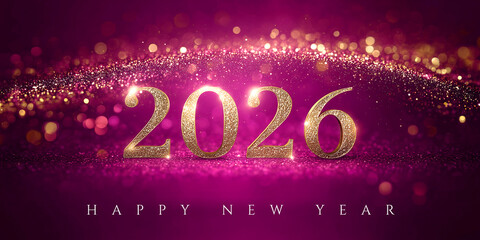 Happy New Year 2026 Gold Glitter Typography on Elegant Magenta Bokeh Background