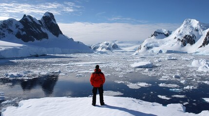 Explorer standing on an ice floe with snow-capped mountains and glaciers
