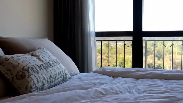 A bedroom with a view.  A bed with light beige and off-white linens, pillows with a grey patterned design, and sheer drapes next to a large window overlooking a balcony and trees