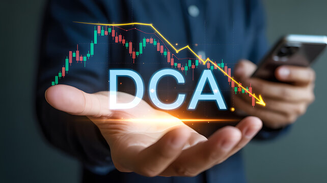 Financial Investment Strategy DCA with Downward Trend Candlestick Chart and Smartphone