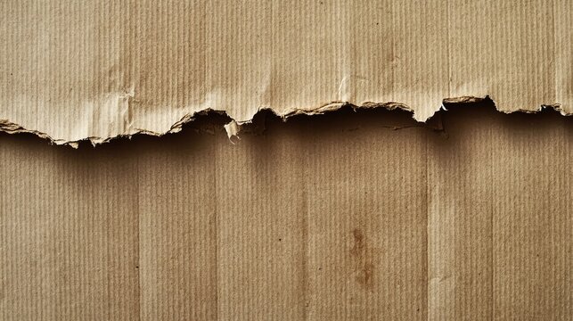 Torn, weathered cardboard with rough, frayed edges and natural wood grain texture