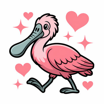 Cute Pink Spoonbill Bird Cartoon Illustration Wallpaper with Hearts and Sparkles, Adorable Animal Character for Children's Designs, Copy Space Background