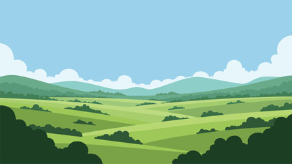Minimalist Green Hills Landscape Illustration with Blue Sky © lombokvexel
