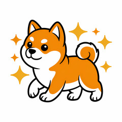 Fototapeta premium Cute Shiba Inu Dog Cartoon Illustration Background Wallpaper, Adorable Orange and White Puppy with Sparkles, Playful Pet Art for Kids and Animal Lovers, Copy Space for Text, Modern Design