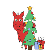 Naklejka premium Happy 2026 Chinese New Year vector art. Cute 2026 Chinese zodiac animal with christmas tree and gift isolated transparent. Fun red horse 2026 New Year greeting card poster cover design. Editable 