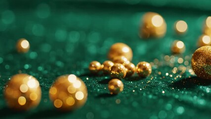 Extreme close-up slow motion shot of large gold bokeh spheres appearing and disappearing on a deep, highly defocused emerald green surface creating an opulent mood mood, defocused, loop