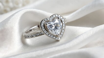 Elegant heart shaped diamond ring on white satin fabric