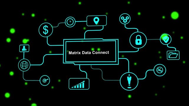 Matrix Data Connect Diagram with Technology and Business Icons on Black Background with Pink Bokeh network.