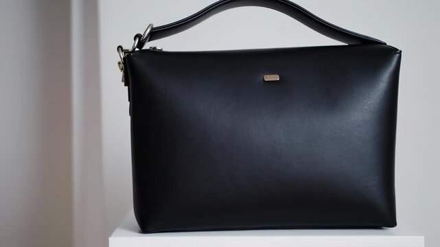 A black leather handbag with a simple design